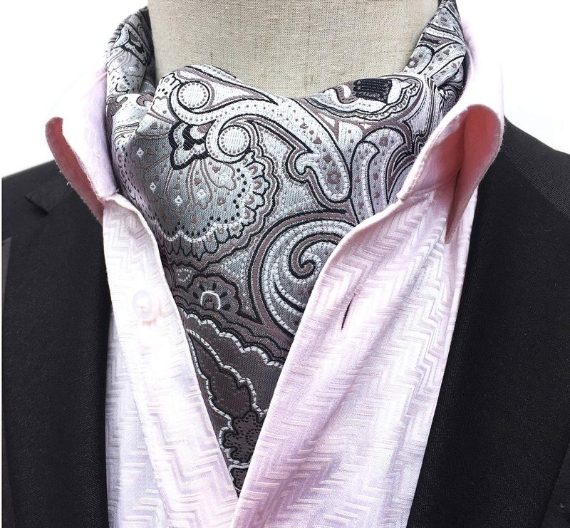 Secdtie Men's Floral Paisley Jacquard Woven Self Cravat Tie Teens Unique Silver Prom Ascot - Image 3